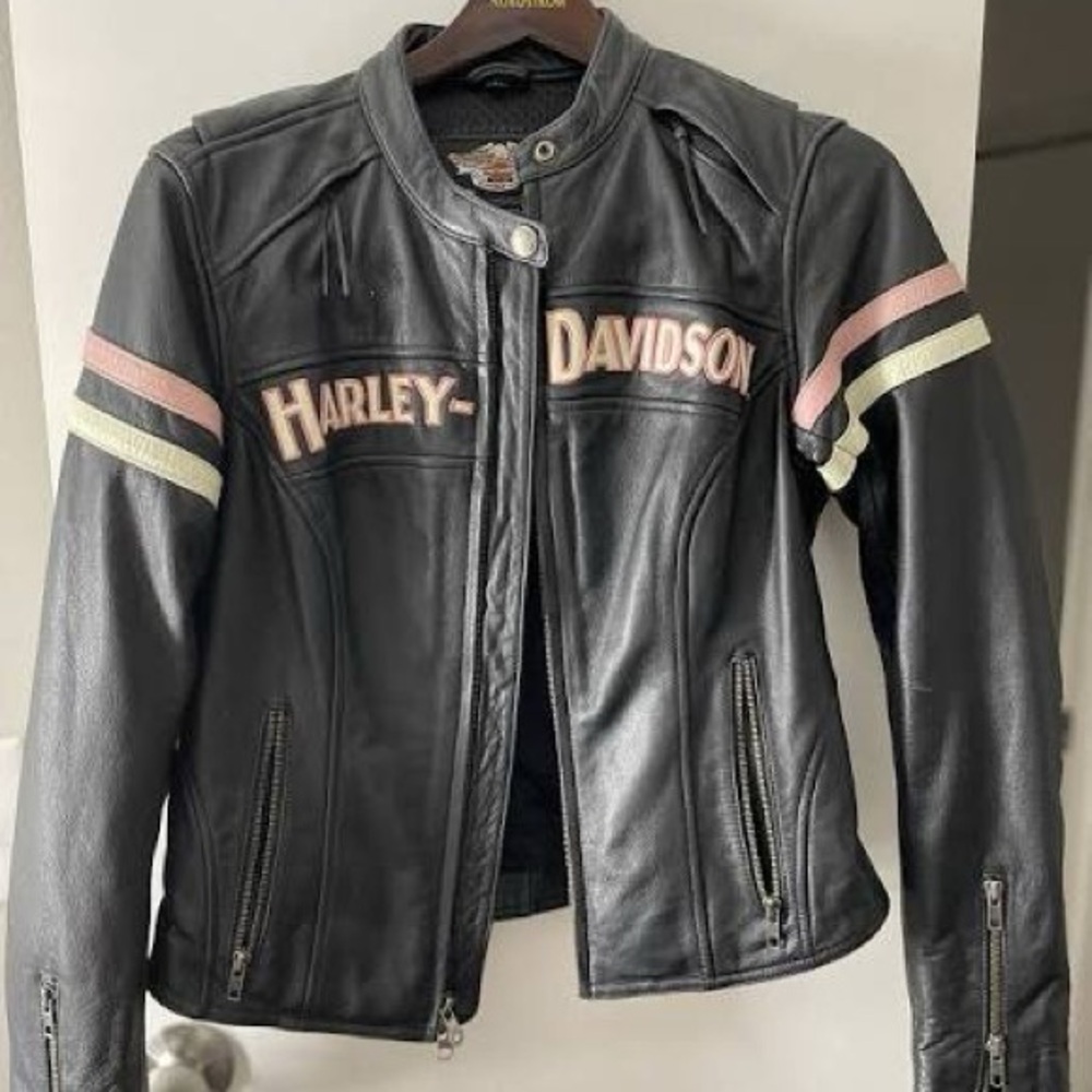 Harley-Davidson Women's Black and Pink Leather Jacket, chaps, hats and sweater